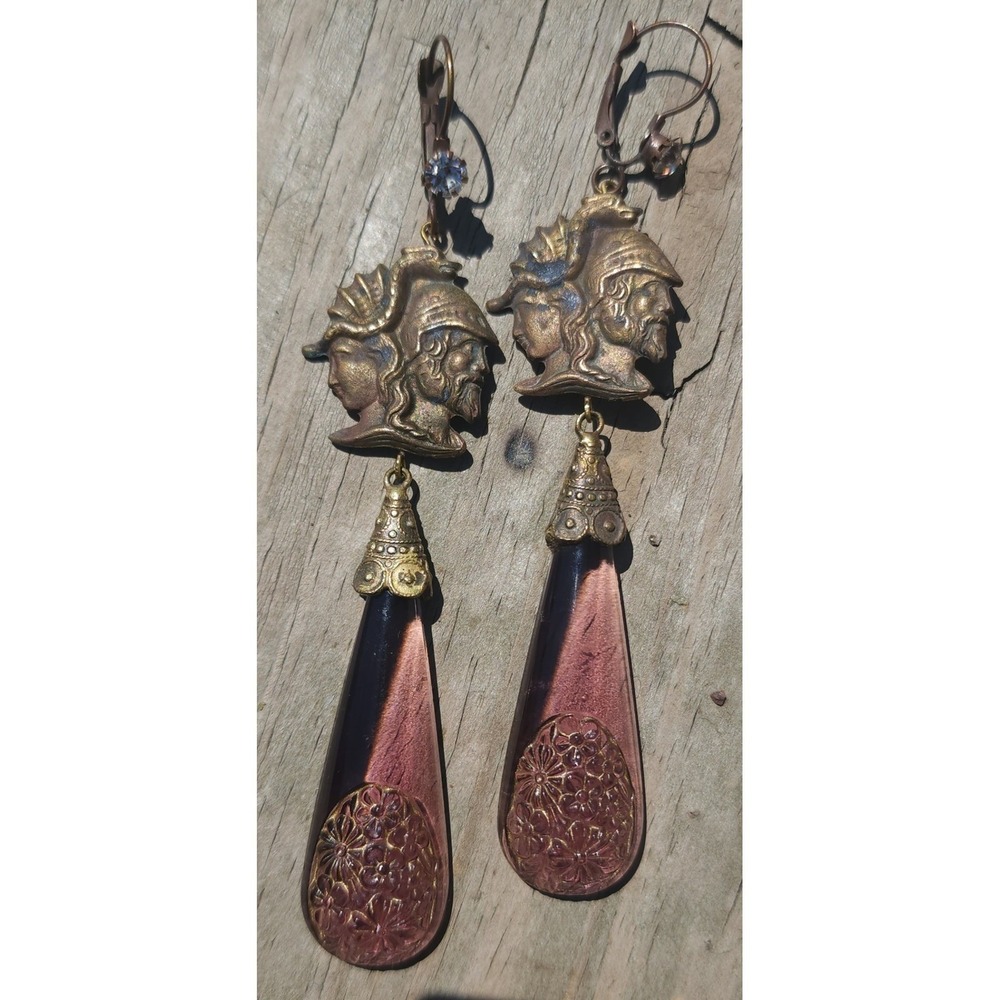 Czech Purple Glass Intaglio  Roman Soldier Drop Earrings Antique Gold Tone READ
